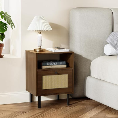 Rattan Nightstand with Storage Boho Modern Farmhouse Bedside Table with Drawer & Open Shelf Light Wood End Table for Bedroom, Living Room, Office, Dorm - Natural Walnut 0ak Color