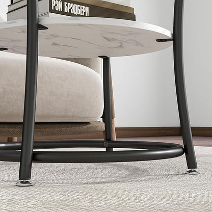 BOFENG Round Coffee Table Side Table,Round End Table with 2 Storage Shelves for Living Room, Bedroom,Small Space,Coffee Table Nightstand with Sturdy Metal Frame,Easy Assembly,White