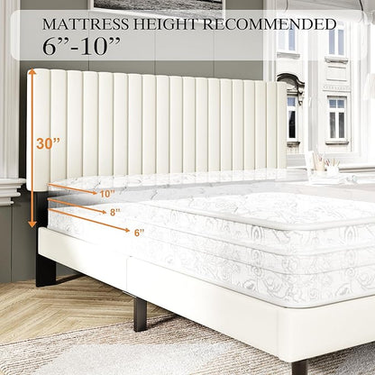 King Size Bed Frame with Velvet Upholstered Headboard, Platform Bed with Strong Wood Slats, Mattress Foundation, Box Spring Optional, Easy Assembly, Beige