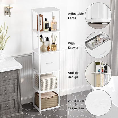 6-Tier Bookshelf with Drawer,Narrow Bookshelves Organizer,Floor Standing Ladder Shelf,Tall Bookcase for Small Space,Book shelf with Storage for Living Room, Bedroom, Office, Study White HBC505W