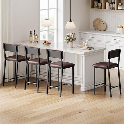 Garvee Bar Stools Set of 4, Kitchen Barstools with Thick Cushion, 25 Inch Counter Height Bar Stools with Backrest and Footrest, for Dining Room, Kitchen Island Counter Chairs, Retro Brown