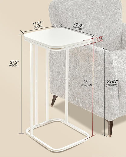 C Shaped End Table, 27 Inches High Small Side Table for Sofa and Bed, Couch Table That Slides Under, Tall Tv Tray Table for Living Room, Bedroom, Metal Frame, Snow White