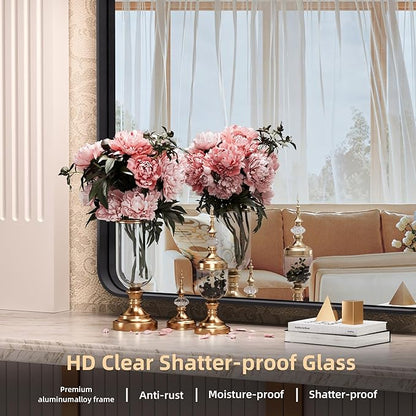 Hasipu Black Bathroom Mirror 59x39 Inch Rounded Rectangle Vanity Mirror Metal Framed Wall Mirrors Anti-Rust Surface Mount (Horizontal/Vertical)