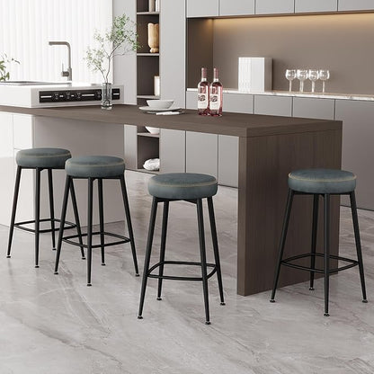 Counter Height Bar Stools, 26" H Backless Bar Stools Set of 4, Upholstered Faux Leather Kitchen Counter Stools, Mid Century Modern, Kitchen Island Home Bar, Pub, Black Blue