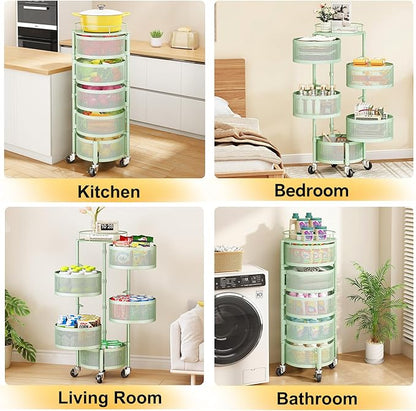 SNTD Fruit and Vegetable Basket Bowls for Kitchen with Metal Top Lid, 5 Tier Rotating Storage Rack Cart for Potato Onion Bread Banana, Wire Basket Organizer on Wheels, Large (Green)