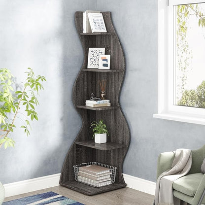 Tribesigns Corner Shelf, Modern 5-Tier Wall Corner Bookshelf, Stylish Corner Small Bookcase Storage Rack Plant Stand with Unique Shape for Living Room, Home Office