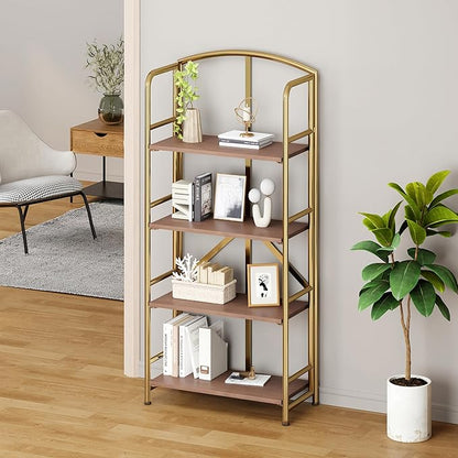 No-Assembly Folding Gold Bookshelf Storage Shelves 4 Tiers Vintage Multifunctional Plant Flower Stand Storage Rack Shelves Bookcase for Home Office