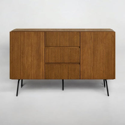 NTC Veil Sideboard with 2 Doors and 3 Drawers, Buffet Cabinet with Vertical Groove Design and Metal Legs, Storage Cabinet for Living Room, and Entryway, Effortless Assembly - Rustic Oak