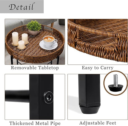 Brown Small Round End Table, 19in Rattan End Tables, Wicker Rattan Side Table, Round Sofa Side Table, Indoor Outdoor Side Tables for Patio, Living Room Bedroom Office