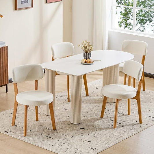 Furniliving Oak Wooden Dining Chairs Set of 4, Mid-Century Modern Linen Upholstered Kitchen Chair with Solid Wood, Farmhouse Dining Room Chairs, Beige