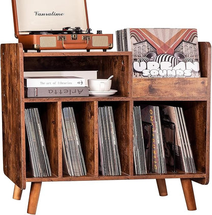 Record Player Stand, Large Record Player Table Cabinet with Open Vinyl Storage and Display Shelf Holds up to 350 Albums, Mid Century Wood Turntable for Living Room, Bedroom (Brown)