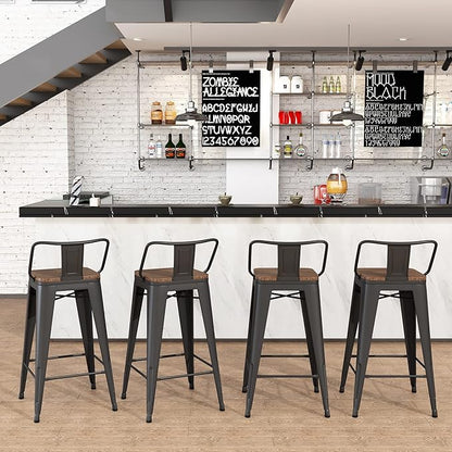 Yongchuang 30 inch Bar Stools Set of 4 Bar Height Metal Barstools with Wood Seat Low Back Kitchen Bar Chairs Matte Black