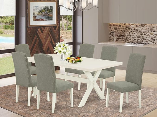 East West Furniture X027EN206-7 7 Piece Dining Room Furniture Set Consist of a Rectangle Dining Table with X-Legs and 6 Dark Shitake Linen Fabric Parsons Chairs, 40x72 Inch, Multi-Color