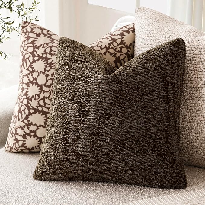 Foindtower Pack of 2 Textured Boucle Throw Pillow Covers Accent Solid Pillow Cases Cozy Soft Decorative Couch Cushion Case for Chair Sofa Bedroom Living Room Home Decor 18x18 Inch Chocolate