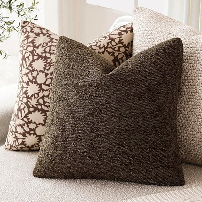 Foindtower Pack of 2 Textured Boucle Throw Pillow Covers Accent Solid Pillow Cases Cozy Soft Decorative Couch Cushion Case for Chair Sofa Bedroom Living Room Home Decor 18x18 Inch Chocolate