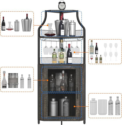 GarveeHome Corner Wine Bar Rack Cabinet with Detachable Wine Rack, Home Bar Cabinet with Barn Door and Adjustable Shelf, Wine Bar Cabinet and Buffet Cabinet with Mesh Door, Fire Wood