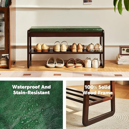 Solid Wood Shoe Bench, 2-Tier Wooden Storage Entryway Bench, Small Storage Bench Entryway Bench, Mid-Century Modern Bedside Bench with Faux Leather Cushion for Dining Room Living Room, Walnut 21.65''
