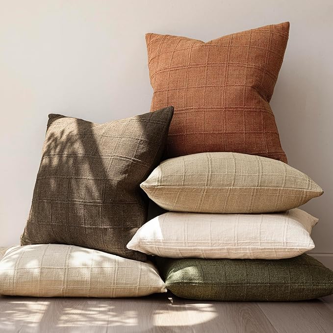 Foindtower Set of 2 Decorative Linen Check Throw Pillow Covers Neutral Farmhouse Vintage Cushion Covers Modern Boho Home Decor for Sofa Chair Couch Bedroom Living Room Outdoor,22×22 Inch,Orange