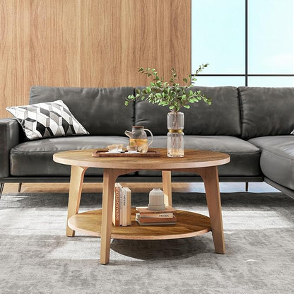 Sweetcrispy Round Coffee Table, 32'' Wood Coffee Tables for Living Room with Storage, 2-Tier Center Circle Counter with Wooded Desktop, 50 lbs Capacity, Anti-Slip Feet, Modern Farmhouse Design, Brown