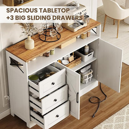 Buffet Cabinet Sideboard with Storage, 47" Farmhouse Coffee Bar Kitchen Buffet Storage Cabinet with 3 Drawers, Adjustable Shelves and Doors, Wood Kitchen Table for Dining Room Furniture