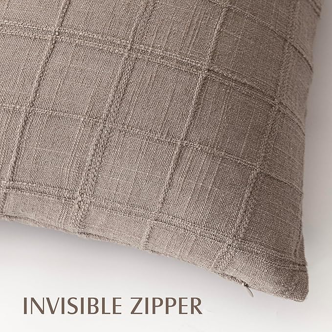 Foindtower Set of 2 Decorative Linen Check Throw Pillow Covers Neutral Farmhouse Lumbar Cushion Covers Modern Boho Home Decor for Sofa Chair Couch Bedroom Living Room Outdoor,12×20 Inch,Tan Taupe