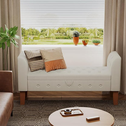 Awonde Storage Bench for Bedroom End of Bed Button Tufted Upholstered Bench Storage Ottoman Bench with Arms 52" Settee Bench Ivory Linen