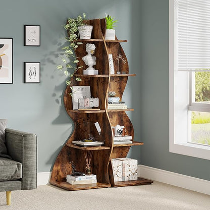 Tribesigns Corner Shelf, Rustic 5-Tier Wall Corner Bookshelf, Stylish Corner Small Bookcase Storage Rack Plant Stand with Unique Shape for Living Room, Home Office (1PC, Brown)