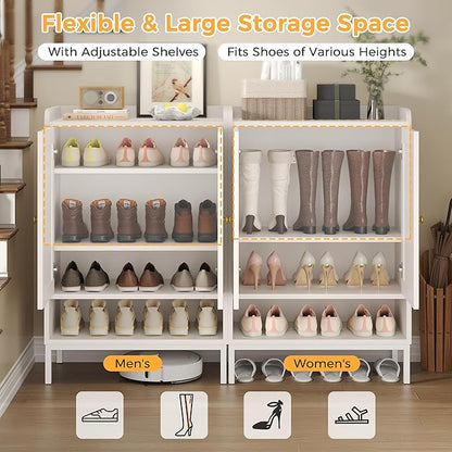 Rattan Shoe Cabinet Storage for Entryway, Shoe Cabinet with Adjustable Shelves for Entryway, 5-Tier, 20 Pair Shoe Rack Storage for Hallway, Closet, Living Room, White