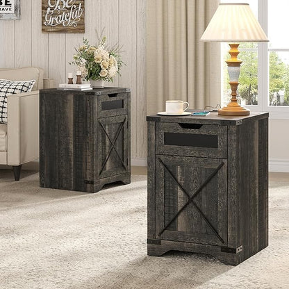 Farmhouse End Table with Charging Station, 26.4" Tall Rustic Nightstand with Drawer and X Barn Door, Country Bedside Sofa Side Table for Living Room, Dark Brown