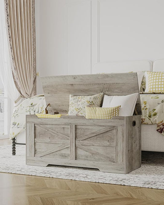 39.4" Storage Chest, Extra Large Storage Trunk with 2 Safety Hinges, Wooden Box Bench, Lift-Top Organizer Chest, Shoe Bench for Entryway, Bedroom, Living Room, Greige SB03405X