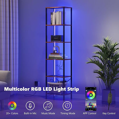 6-Tier Bookshelf, Tall Narrow Bookcase with LED Lights, Book Shelf with Steel Frame, Display Storage Shelf for Living Room, Bedroom, Home Office, Study, Balcony, Rustic Brown