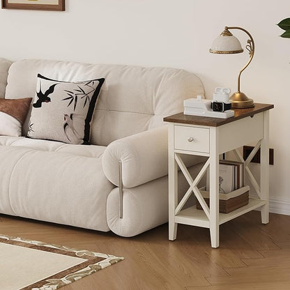 ChooChoo End Table Set of 2 with Charging Station, Narrow End Table with USB Ports and Outlets, Small Side Table Nightstand with Drawer for Living Room, Bedroom, Soft White