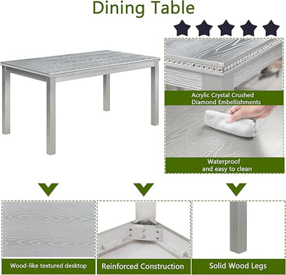 soges 6 Piece Wooden Dining Table Set, Wooden Dining Table with 4 Upholstered Chairs and Bench for 6 People, Rectangular Dining Table Set with Crystal Decoration for Kitchen, Dining Room, Silver Grey