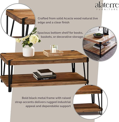Alaterre Furniture Ryegate 48" Live Edge Wood Coffee Table â€“ Solid Acacia with Metal Frame, Industrial Modern Design, Rustic Rectangle Table with Clear Finish for Living Room or Lounge