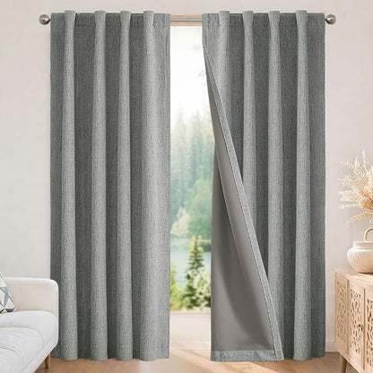 Joydeco 100% Blackout Curtains for Bedroom - Natural Linen Curtains 100" W x 84" L Long, Thermal Insulated 1 Panels Light Grey. Room Darkening Light Blocking Drapes for Living Room
