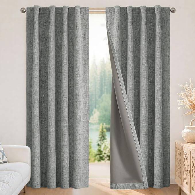 Joydeco 100% Blackout Curtains for Bedroom - Natural Linen Curtains 52" W x 96" L Long, Thermal Insulated 2 Panels Light Grey. Room Darkening Light Blocking Drapes for Living Room