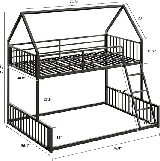 LIKIMIO Bunk Bed Twin Over Full Size, House Bunk Bed Frame with Ladder and Guardrail, House Shaped with Metal Slats Support No Box Spring Needed Space Saving for Bedroom and Dorm, Black
