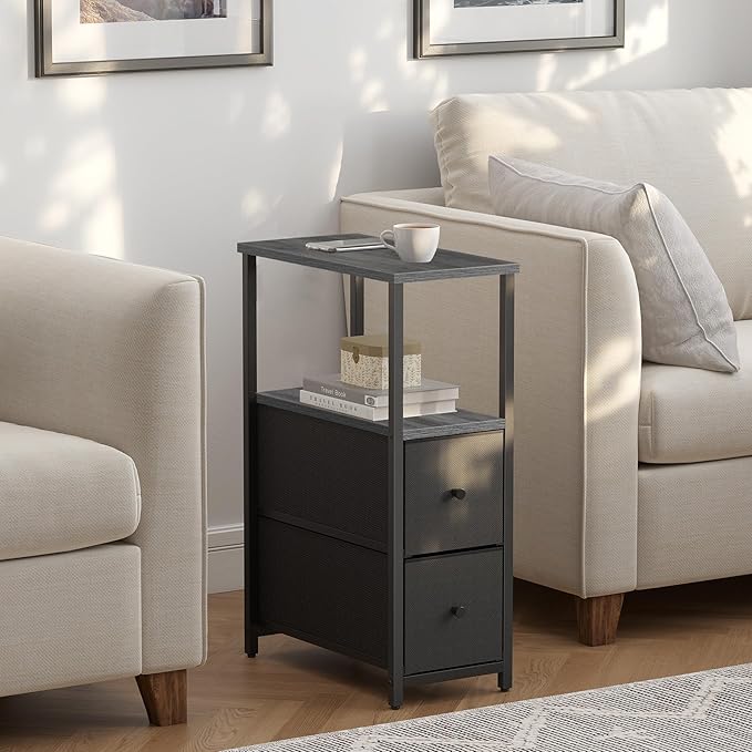 TUTOTAK Small Narrow End Table, Set of 2, Side Table, Nightstand with 2 Cloth Drawers, Couch Table, for Living Room, Bedroom, Bedside, Charcoal Grey TB01BY054