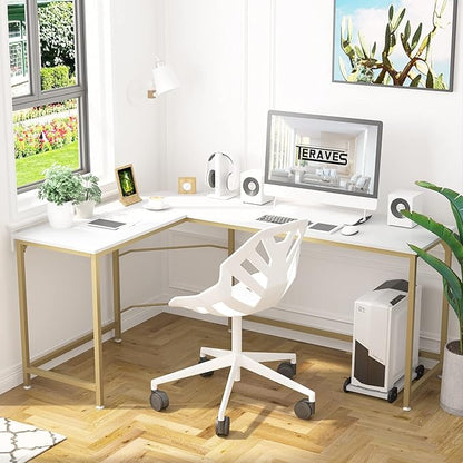 Teraves Reversible L Shaped Desk White - 57.9" Corner Gaming Computer Desk, Office Workstation Modern Home Study Writing Wooden Table