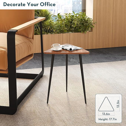 SAYGOER Small Triangle Side Table, Mid Century Modern Walnut End Table, Unique Night Stand Bedside Table Retro Accent Sofa Table for Living Room Bedroom,Medal Black Frame 13.5" W x 12.3" D x 17.7" H