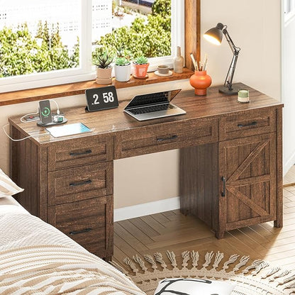 Farmhouse 61'' Executive Desk with 5 Drawers, Rustic Office Desk Computer Desk with Charging Station, File Drawers and Storage Cabinet, Wood Workstation for Study and Home Office, Red-Brown.