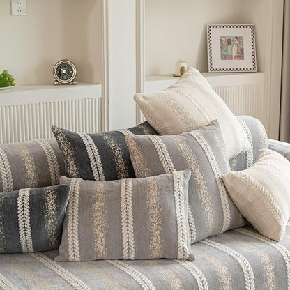 Pack of 1 Decorative Throw Pillow Covers 20x20 Inch, Pillow Cases for Living Room Couch Bedroom Farmhouse Home Decor, Soft Stripe Chenille Cushion Covers for Sofa Beige,20''x20''