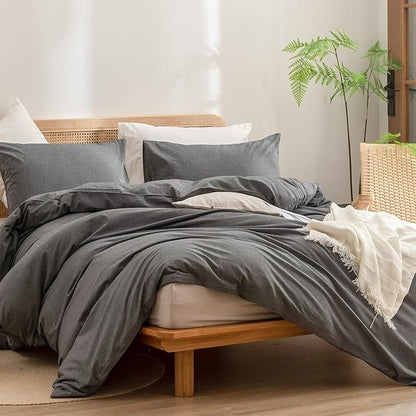 BESTOUCH Duvet Cover Set 100% Washed Cotton Linen Feel Super Soft Comfortable Chic Lightweight 3 PCs Home Bedding Set Solid Dark Grey Full/Double
