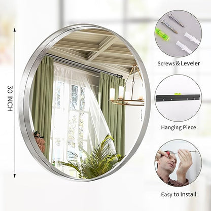 Suidia 30" x 30" Bathroom Mirror, Bathroom Vanity Mirror Metal Framed, Wall-Mounted Mirrors for Bedroom, Living Room, Entryway, Hallway, Silver, Round Style