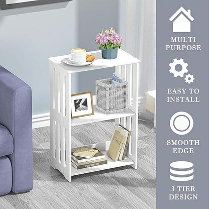 3-Tier End Table Nightstand White, Narrow Side Table with Storage Shelf, Small Bookshelf Bedside Table for Bedroom, Living Room, Office, Bathroom