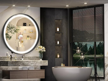 Hasipu 28 Inch Round LED Mirror for Bathroom with Lights, Black Circle Vanity Mirror for Wall, Metal Framed Frontlit Bathroom Mirrors Anti-Fog, Dimmable, 3 Colors Makeup Mirror Wall Mounted