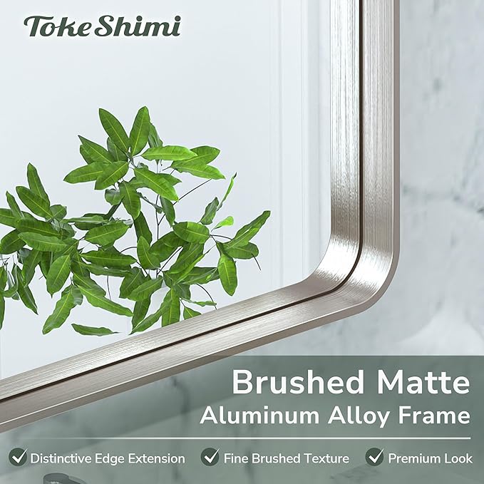 TokeShimi 72x36 Brushed Nickel Bathroom Wall Mirror Vanity Metal Frame Round Corner Rectangular for Home Decor Living Room Entryway