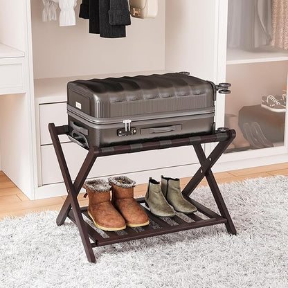Fully Assembled Bamboo Luggage Rack, Folding Suitcase Stand with 5 Nylon Straps, Luggage Holders with Shelf, Ideal for Guest Room, Bedroom, Hotel, Espresso