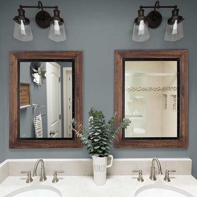 YOSHOOT Rustic Wooden Framed Wall Mirror, 48"x30", Natural Wood and Iron Bathroom Vanity Mirror for Farmhouse Decor, Vertical or Horizontal Hanging