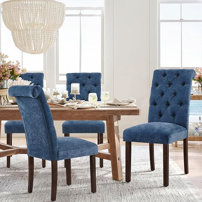 COLAMY Button Tufted Dining Chairs Set of 4, Parsons Upholstered Fabric Dining Room Chairs Kitchen Chairs with Wood Legs and Padded Seat, Blue